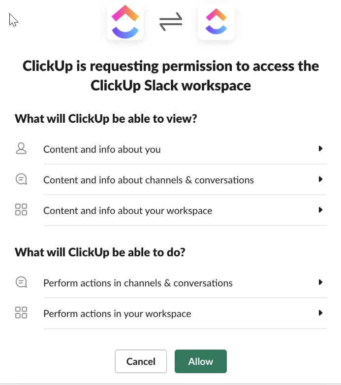 Connect ClickUp with Slack to enable the integration: Slack App Directory