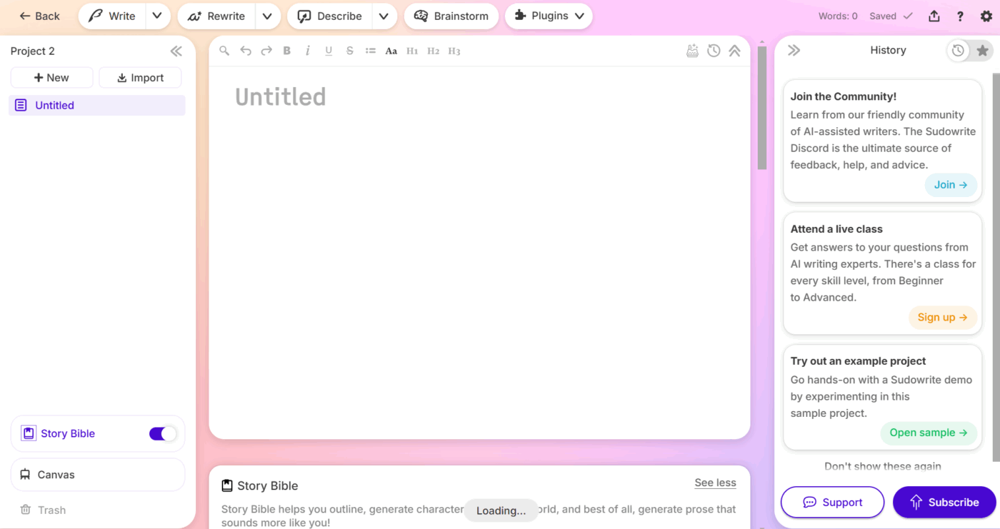 Sudowrite Dashboard: AI Writing Tools