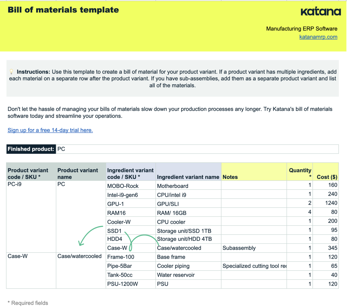 Excel Bill of Materials Template by Katana: bill of materials template