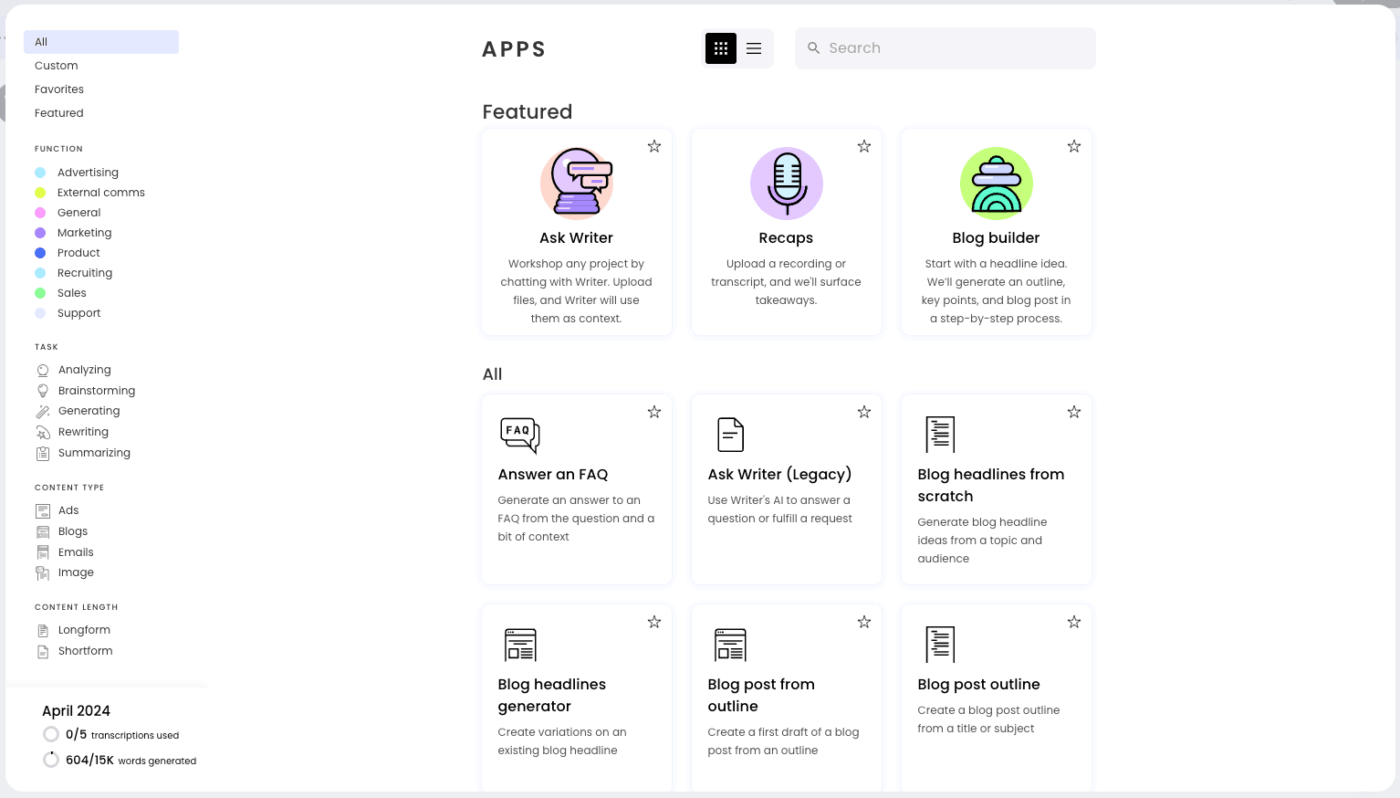 Writer Dashboard: AI Writing Tools
