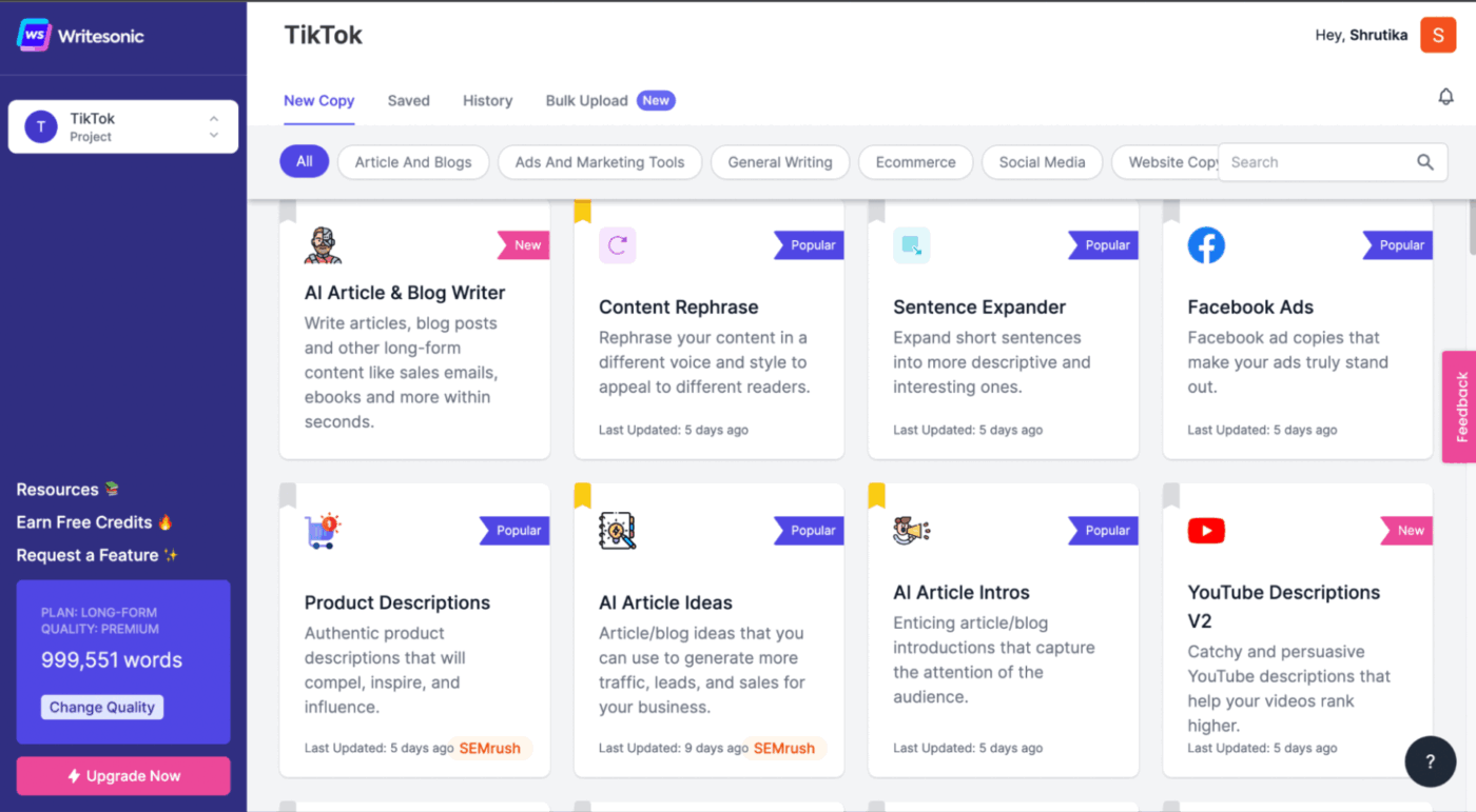 Writesonic Dashboard : AI Writing Tools