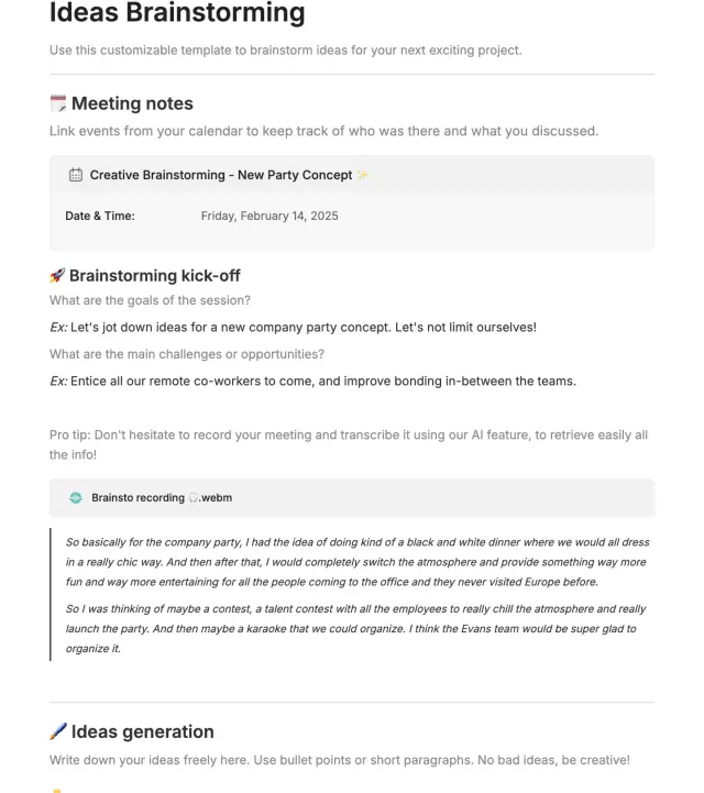 Modelo de brainstorming do Evernote Ideas: um espaço flexível para brainstorming com prompts, notas e memos de voz