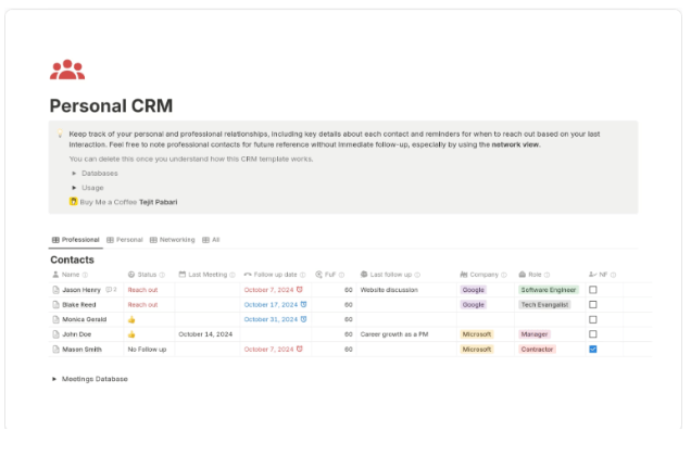 Notion CRM Template: Personal CRM Template by Tejit Pabari