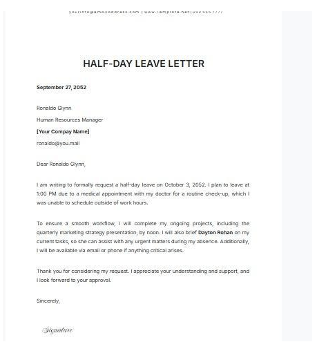 Leave of Absence Letter Template: Half-day Leave Letter Template by Template.Net