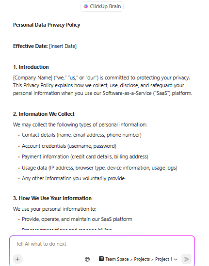 Craft legal policies with ClickUp Brain