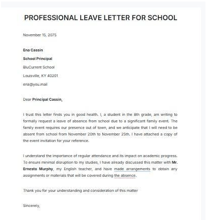 Professional Leave Letter for School Template by Template.Net