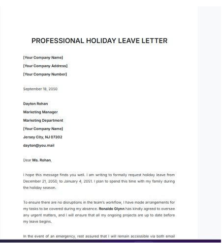 Professional Holiday Leave Letter Template by Template.Net