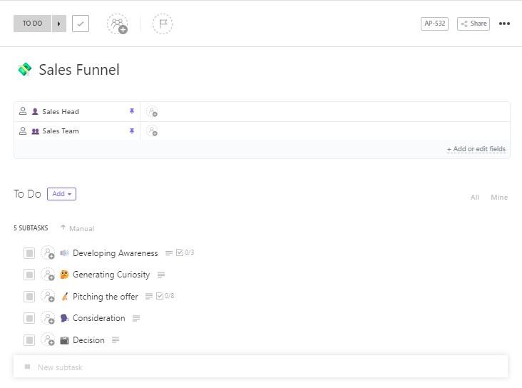 ClickUp Steps to Create Sales Funnel Template