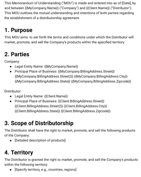MOU Distribution Agreement Template by Zomentum