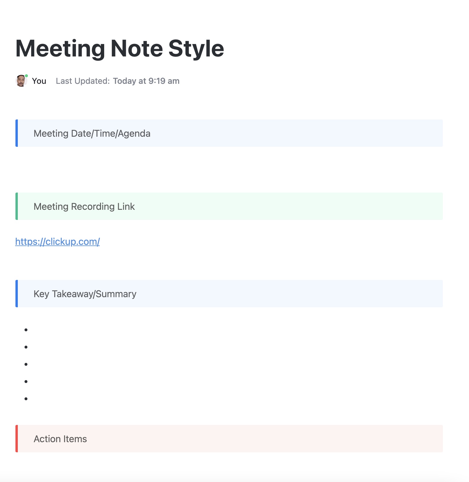 Notion Meeting Notes Template: ClickUp Meeting Note Style Template