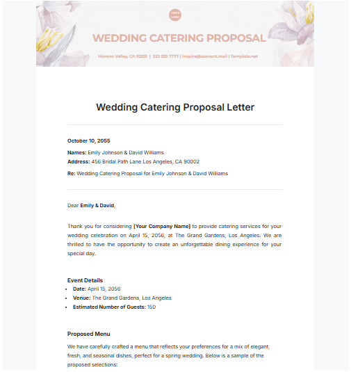 Wedding Catering Proposal Letter by Template.Net