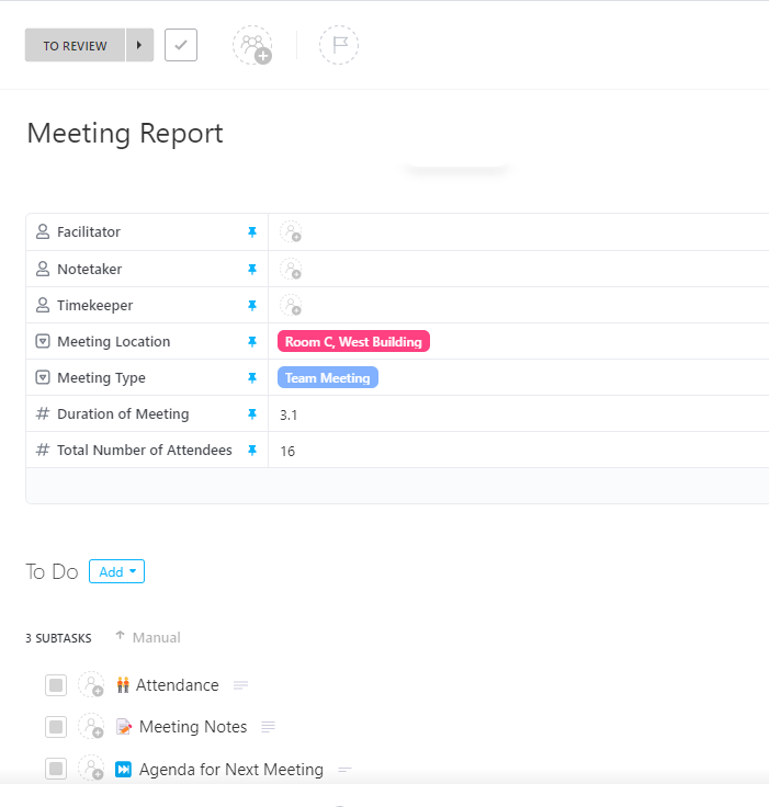 Notion Meeting Notes Template: ClickUp Meeting Report Template