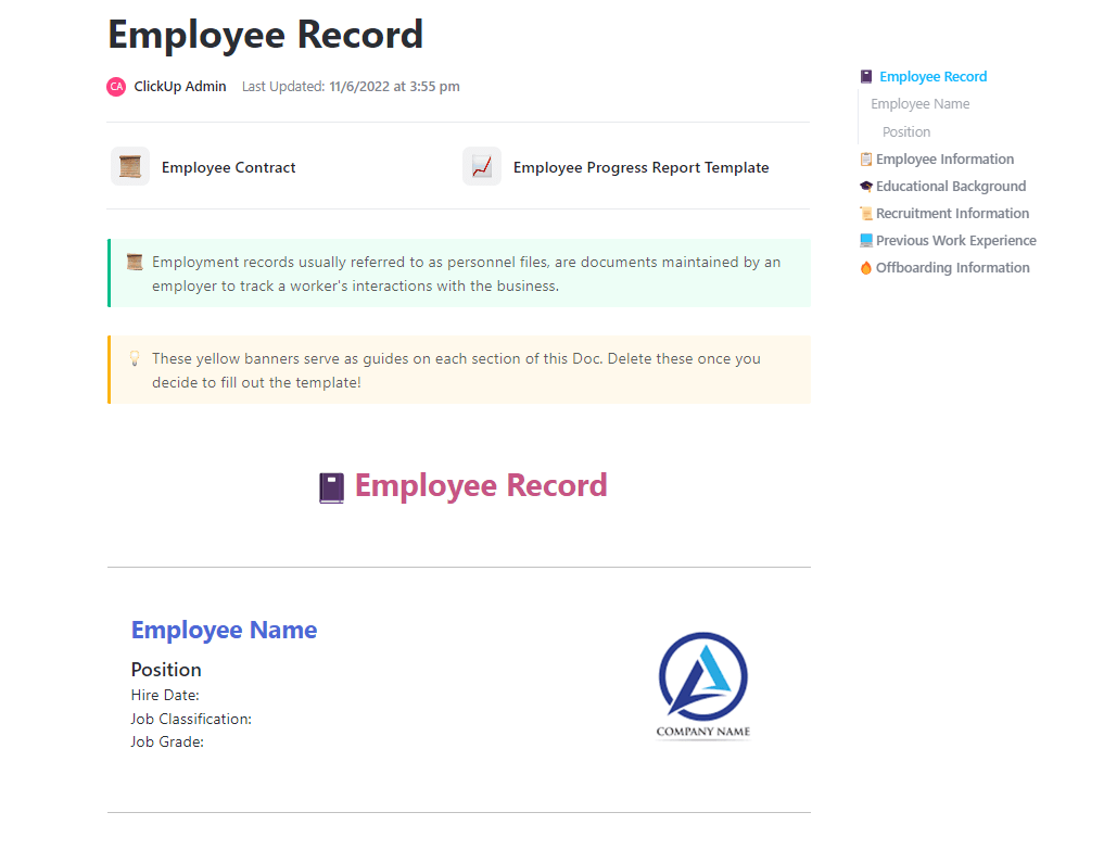 Internship Certificate Template: ClickUp Employee Record Template