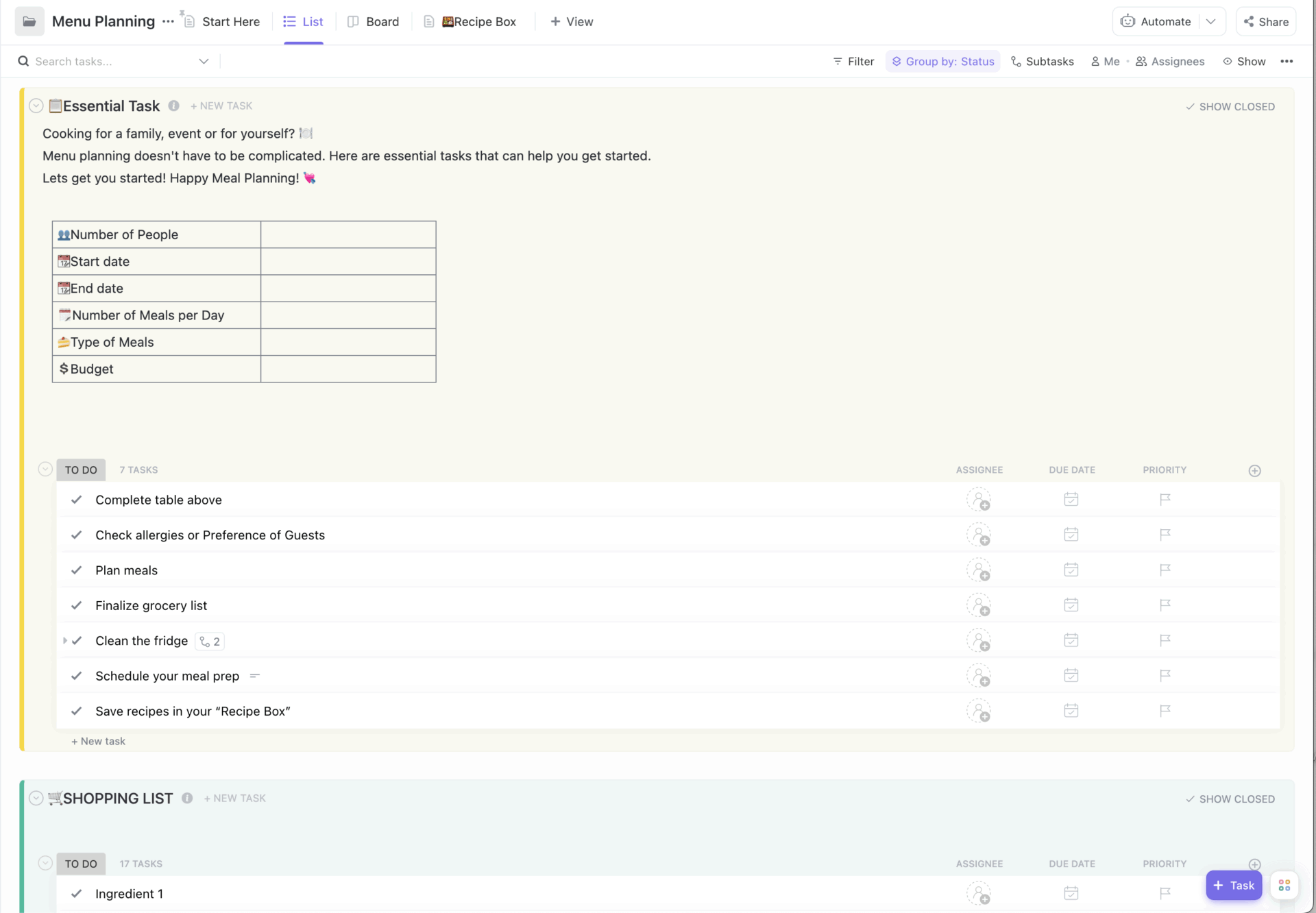 ClickUp Menu Planning Template
