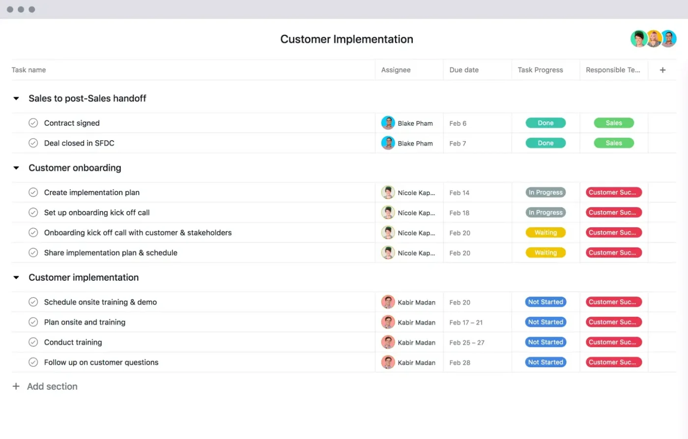 Asana CRM Template:  Asana Customer Implementation Template
