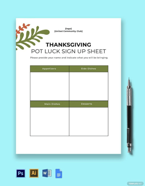 Sign Up Sheet Template Google Docs: Thanksgiving Potluck Sign Up Sheet Template by Template.net