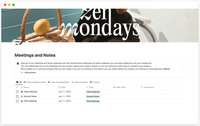 Meeting and Notes + AI Summaries Template by Notion