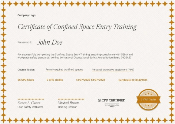Bordered and Professional Confined Space Training Certificate Template 