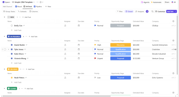 Asana CRM Template: ClickUp Simple CRM Template