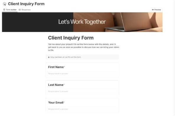 Notion CRM Template: Client Inquiry Form Template by TingDesign