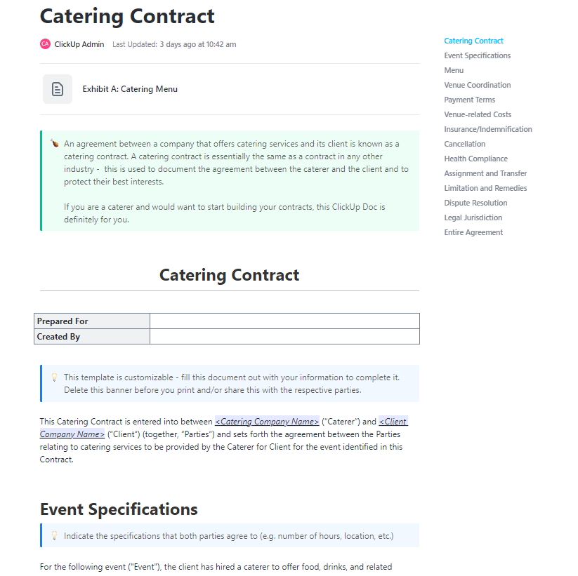 Catering Proposal Template: ClickUp Catering Contract Template