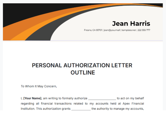 Personal Authorization Letter Outline Template by Template.net