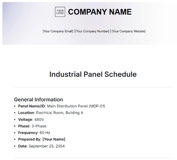 Industrial Panel Schedule Template by Template.Net