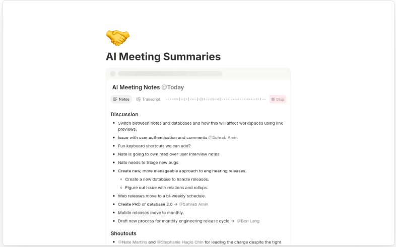 Notion Meeting Notes Template: AI Meeting Summaries Template by Notion