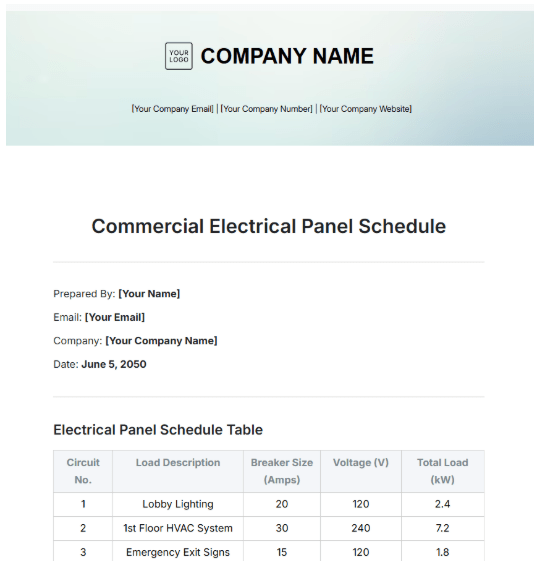 Panel Schedule Template: Commercial Electrical Panel Schedule Template by Template.Net
