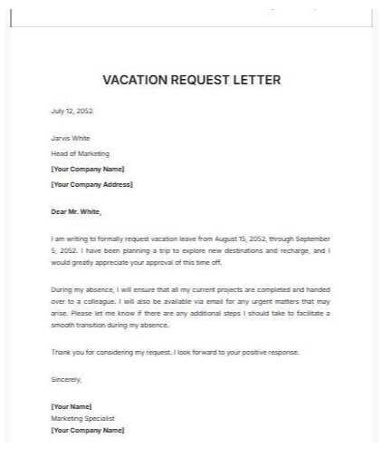 Leave of Absence Letter Template: Vacation Letter Template by Template.Net