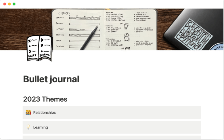 Modello di diario Notion: modello di diario Bullet Journal