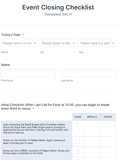 Event Closing Checklist Form Template by Jotform