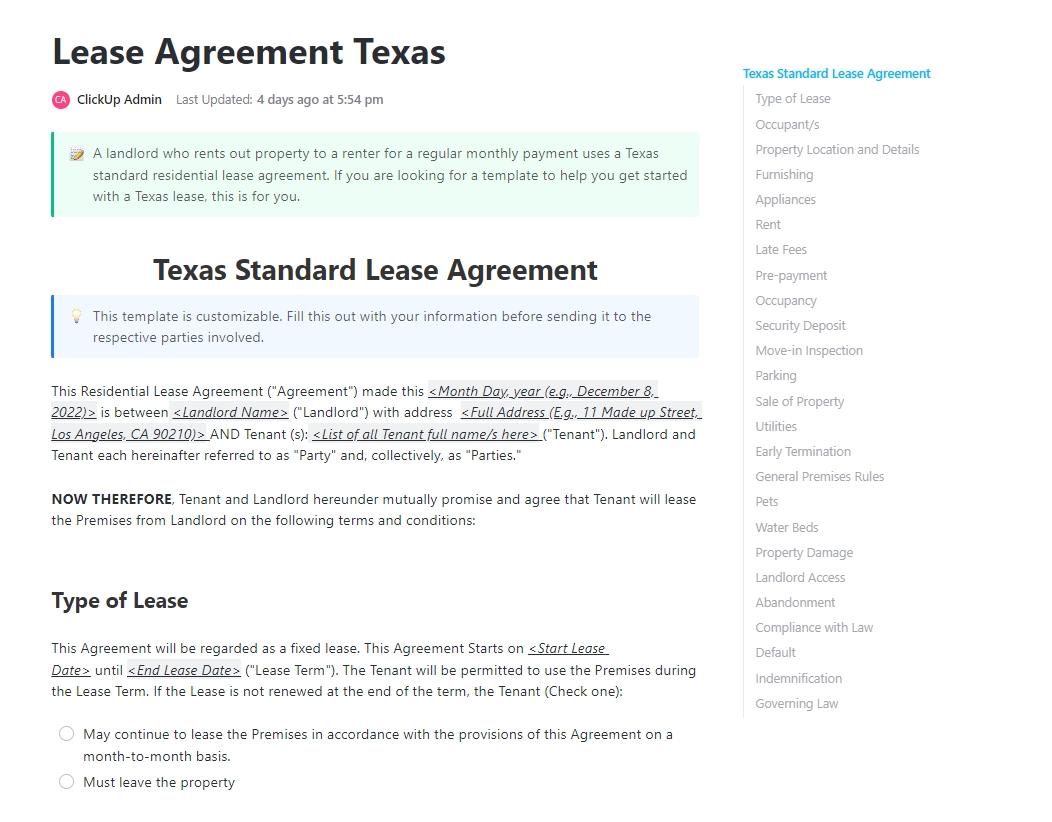 Contract Addendum Template: ClickUp Lease Agreement Texas Template
