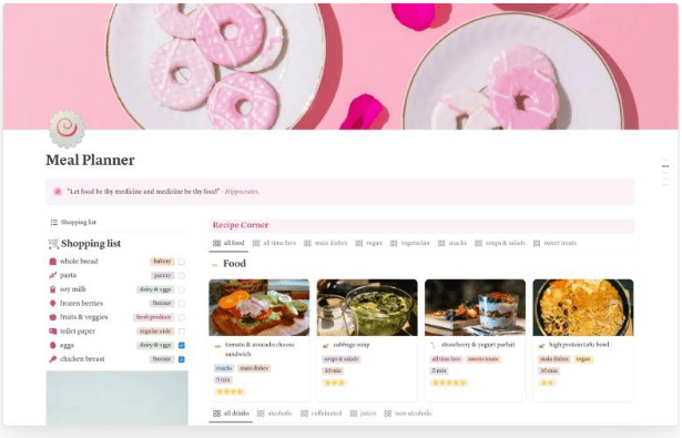 Modello di diario Notion: modello rosa per pianificare i pasti