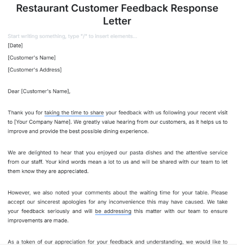 Restaurant Customer Feedback Response Letter Template by Template.net