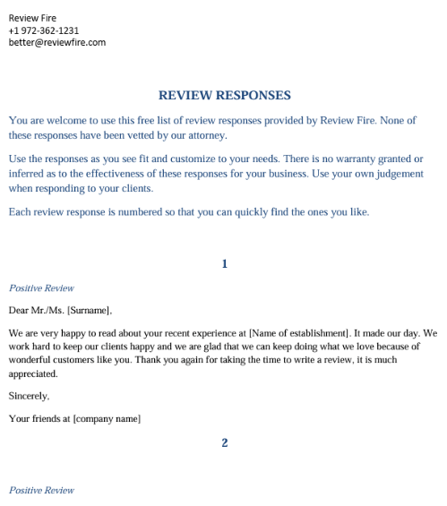 Bad Review Response Template: PDF Review Response Template by Review Fire