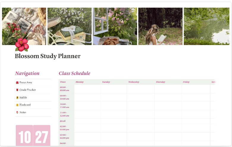 Modello di diario Notion: modello di agenda Blossom Study Planner