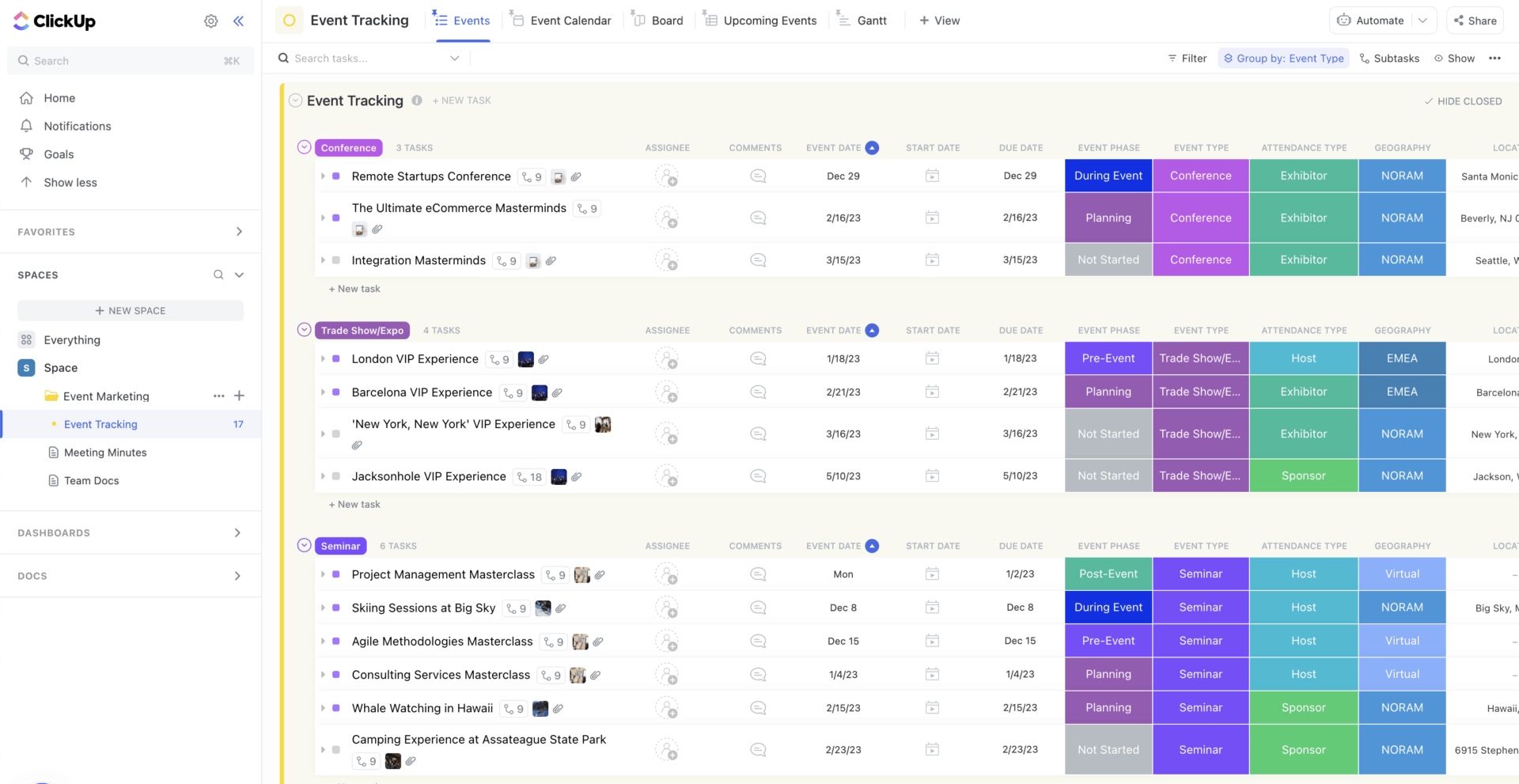 Organize event information, align tasks, and track progress with the ClickUp Event Marketing Template