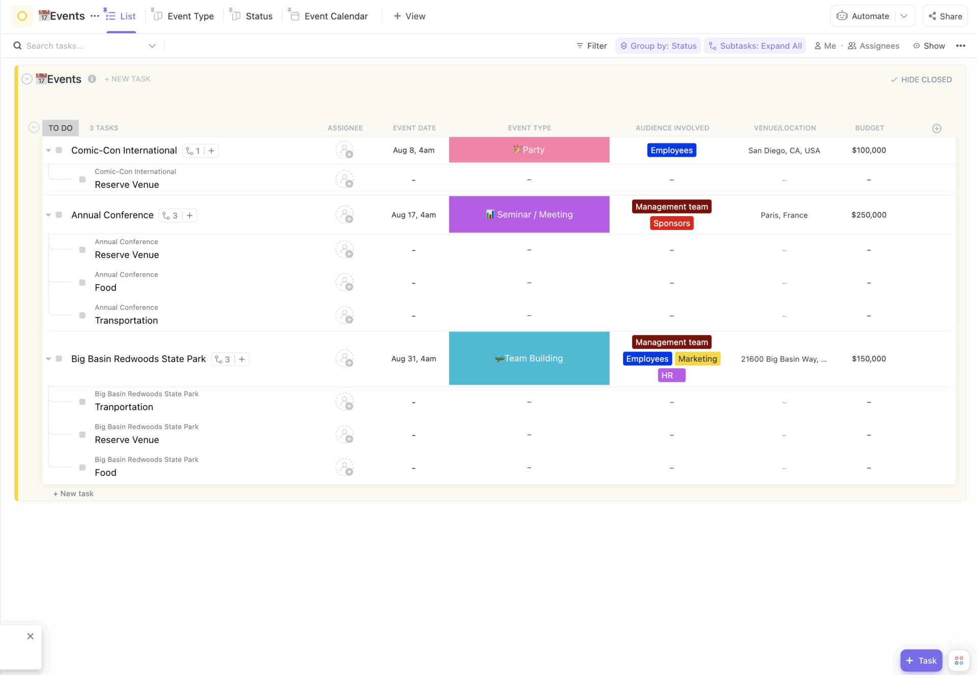 Event Marketing Plan Template: ClickUp Event Planning Budget Template