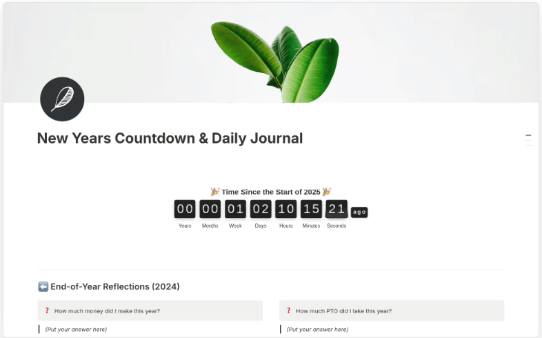 Modello di diario Notion: conto alla rovescia per il nuovo anno e modello di diario giornaliero