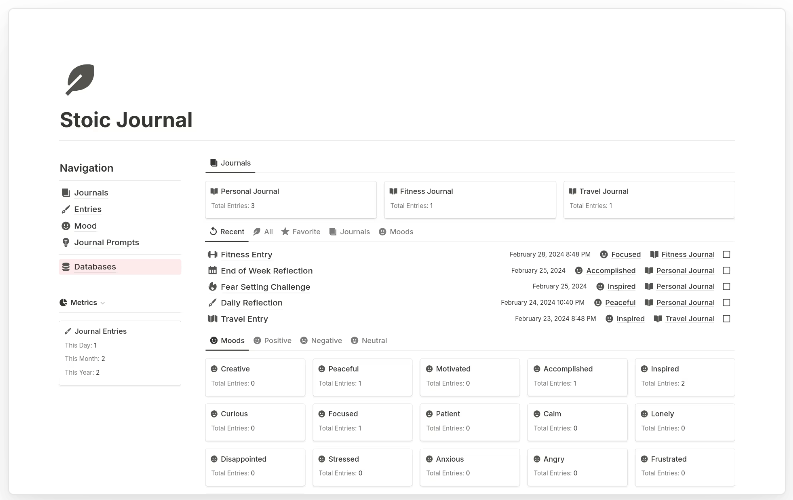 Modello di diario Notion: modello di diario stoico