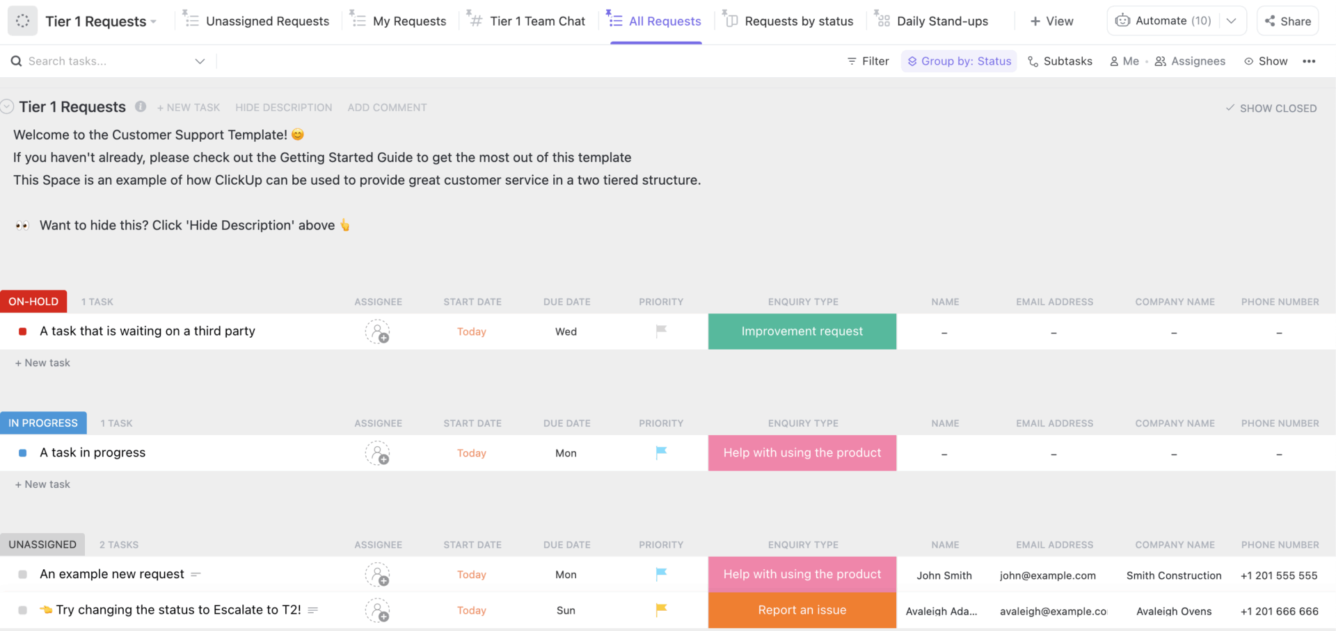 ClickUp Customer Support Template