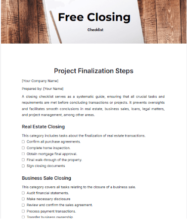 Project Finalization Closing Checklist Template by Template.net