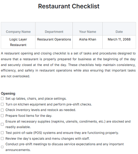 Closing Checklist Template: Restaurant Closing Checklist Template by Template.net