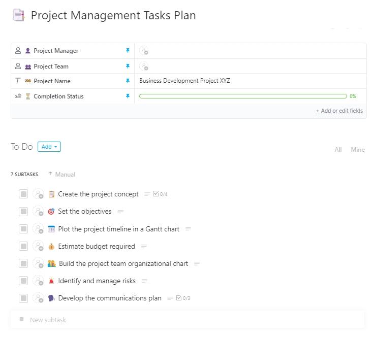 ClickUp Project Management Tasks Template
