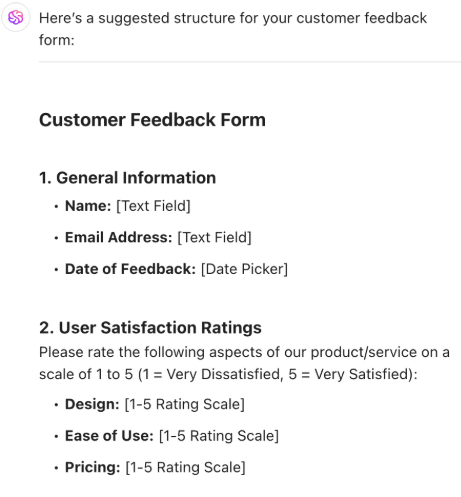 Jotform vs Typeform: A customer feedback form structure example created by ClickUp Brain