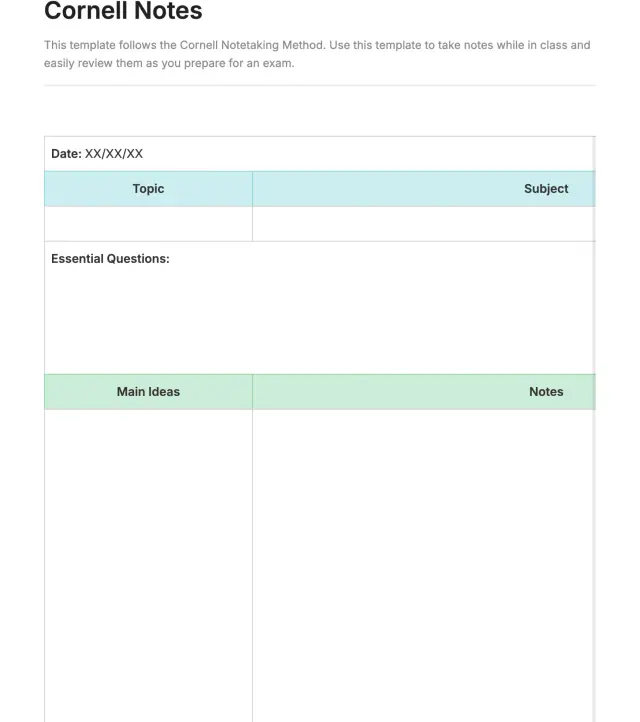 Modelo de notas Cornell do Evernote: um layout para anotações baseado no Método Cornell para dividir tópicos em perguntas e ideias principais.