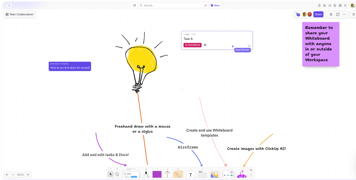 ClickUp Whiteboards leverage AI and seamless integration with all of your work