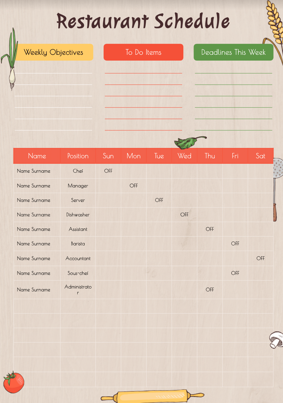 Colorful Restaurant Schedule: Restaurant Schedule Templates