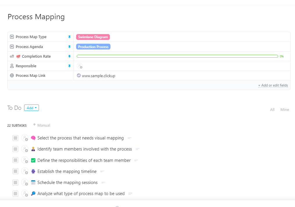 Track every process detail—from agenda to responsibilities—in one view with the ClickUp Process Mapping Template